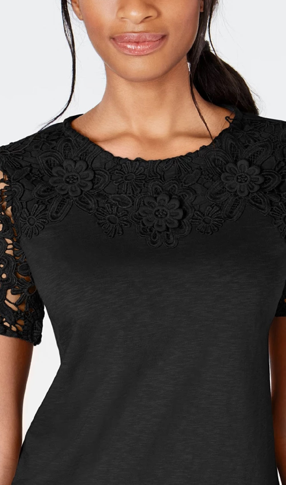 Charter Club Women's Cotton Lace Embellished T-Shirt Black Size X-Small