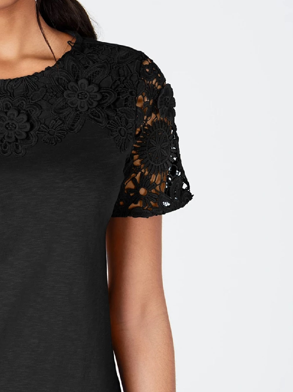 Charter Club Women's Cotton Lace Embellished T-Shirt Black Size X-Small