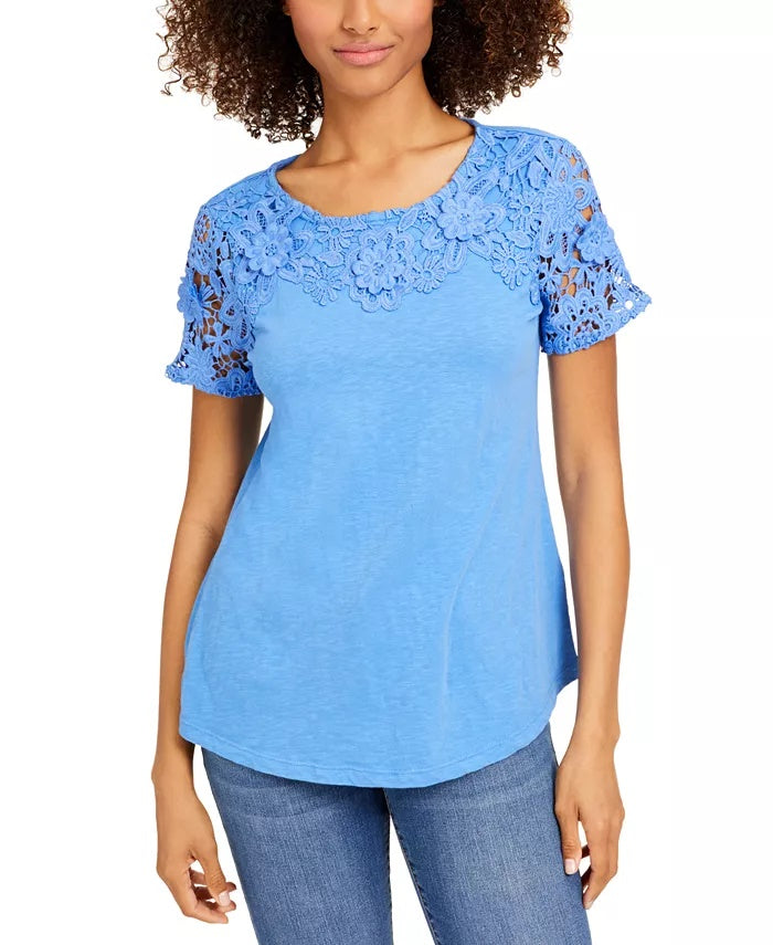 Charter Club Women's Cotton Lace Embellished T-Shirt Turq Aqua Size X-Small
