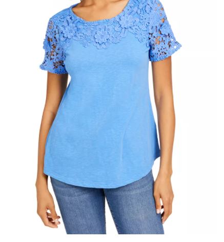 Charter Club Women's Cotton Lace Embellished T-Shirt Turq Aqua Size X-Small