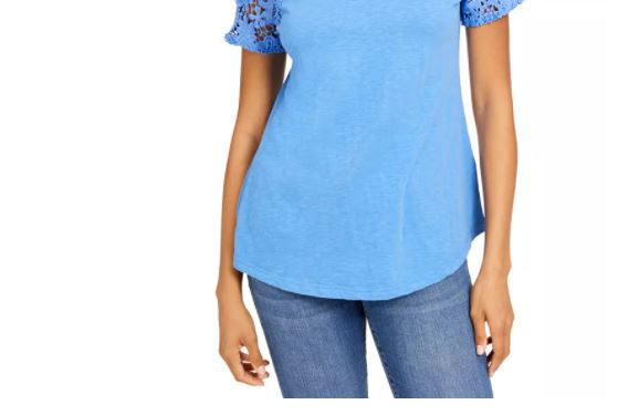 Charter Club Women's Cotton Lace Embellished T-Shirt Turq Aqua Size X-Small