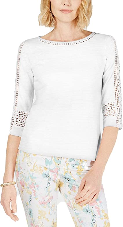 Charter Club Women's Crochet-Inset Top White Size Small