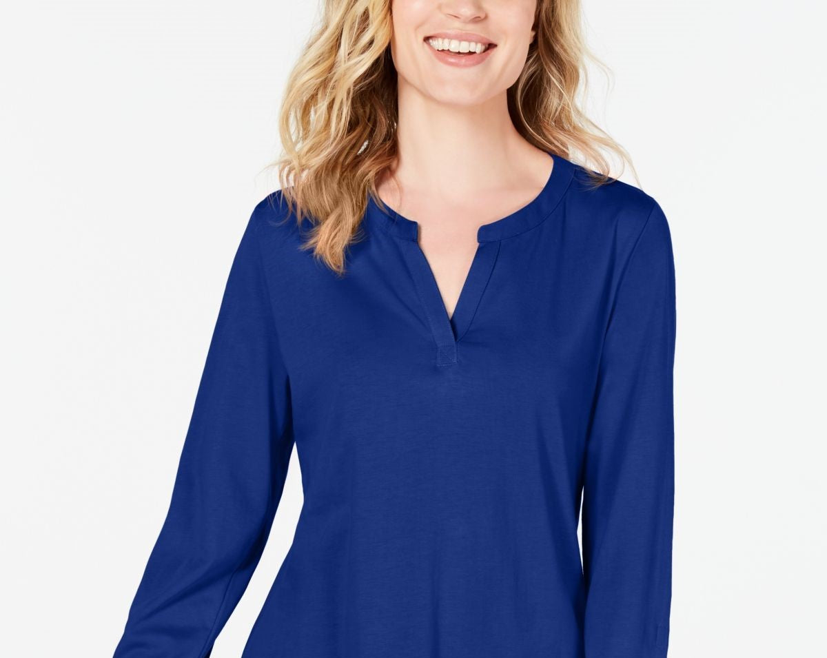 Charter Club Women's Supima Cotton Split-Neck Top  Blue Size XX Large