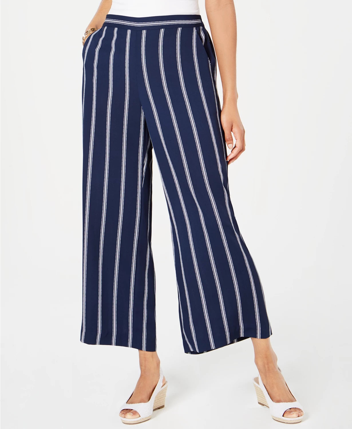 Charter Club Women's Striped Cropped Wide-Leg Pants Intrpd Blue Cmb Size Extra Large