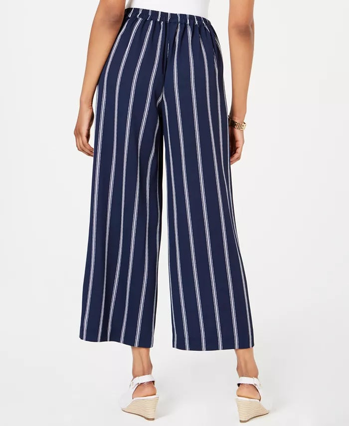 Charter Club Women's Striped Cropped Wide Leg Pants Blue Size Medium