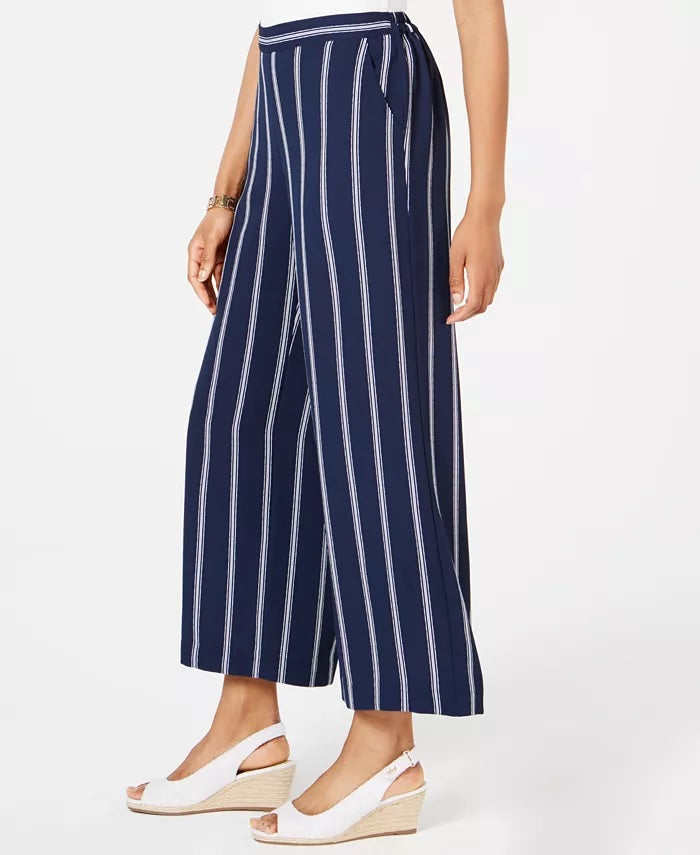 Charter Club Women's Striped Cropped Wide Leg Pants Blue Size Medium