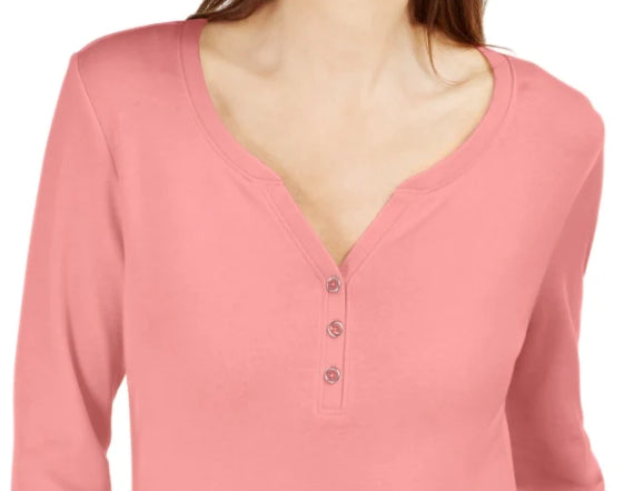 Karen Scott Women's Cotton Henley Top Pink Size Medium