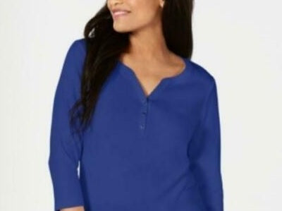 Karen Scott Women's Petite Cotton Henley Shirt Blue Size Small