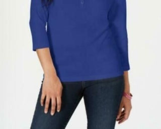 Karen Scott Women's Petite Cotton Henley Shirt Blue Size Small