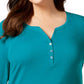 Karen Scott Women's Plus Size Cotton Split-Neck Top  Teal Size 1X