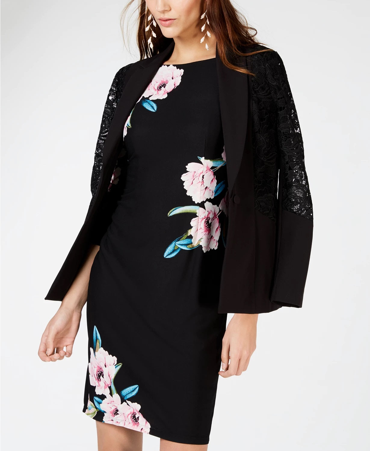 INC International Concepts Women's Long Sleeve Floral Sheath Dress Black Size Petite Small