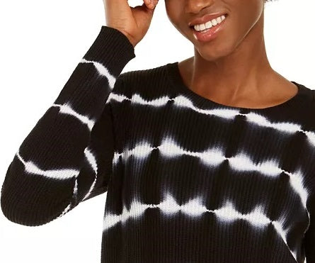 INC International Concepts Women's Cotton Tie-Dyed Striped Sweater Black Size Petite Small