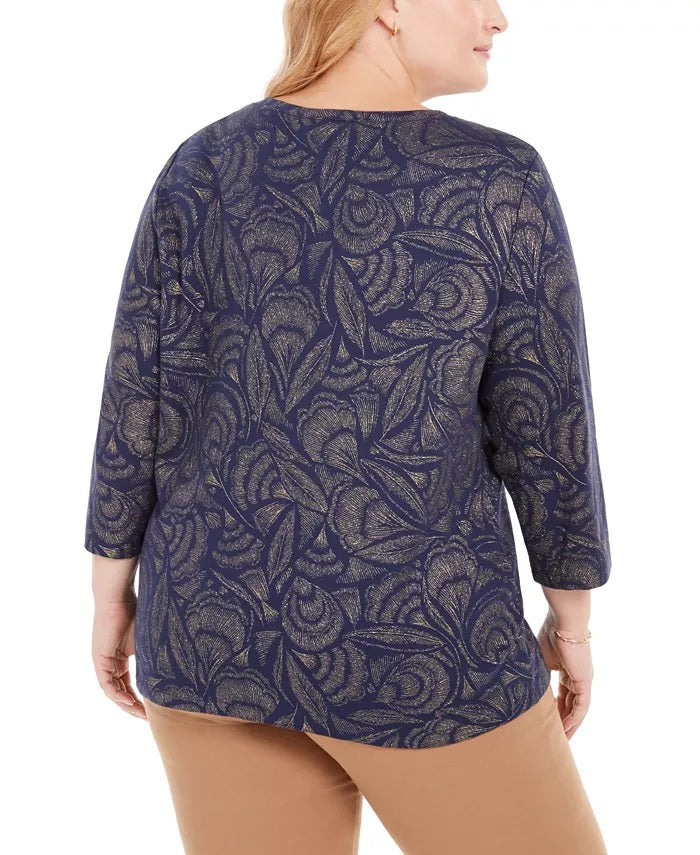 Karen Scott Women's Plus Size Printed Henley Top Blue Size 0X
