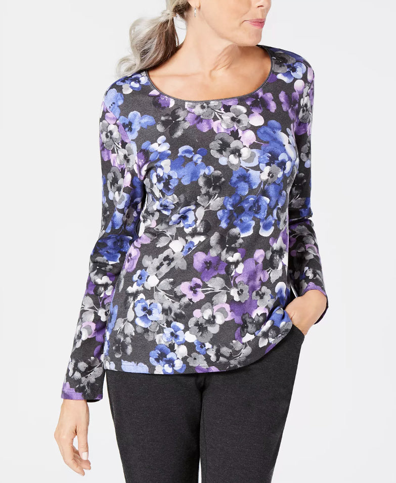 Karen Scott Women's Petite Printed 3/4-Sleeve Top Purple Size Petite X-Large