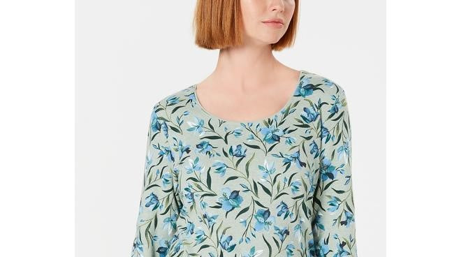 Karen Scott Women's Audra Oasis Printed Top Green Size Petite Small