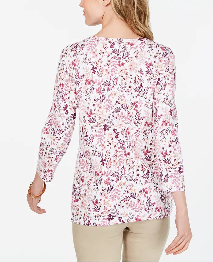 Karen Scott Women's Petite Floral-Print Henley Top White Size Petite