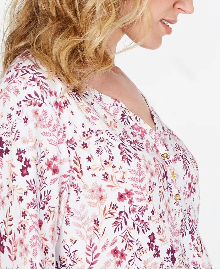 Karen Scott Women's Petite Floral-Print Henley Top White Size Petite