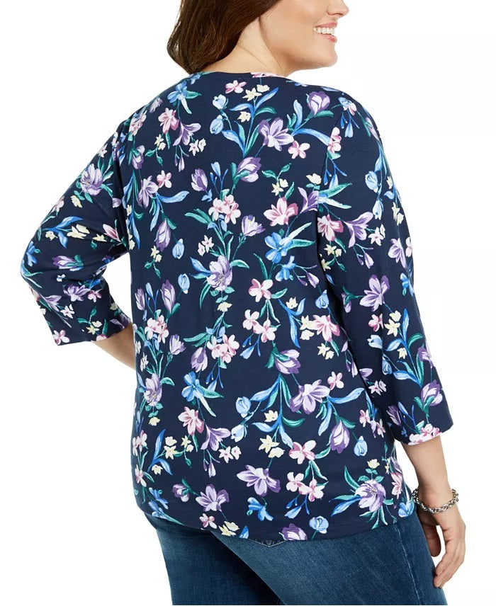 Karen Scott Women's Plus Size Split Neck Floral Top Blue Size X-Large
