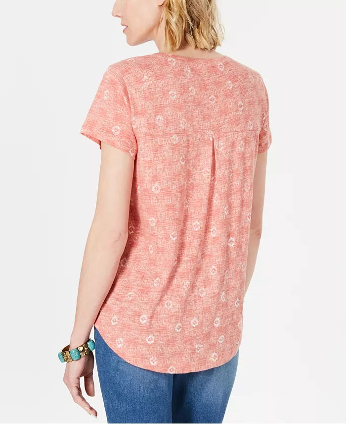 Style & Co Women's Cotton Printed Scoop Neck Top Orange Size X-Small