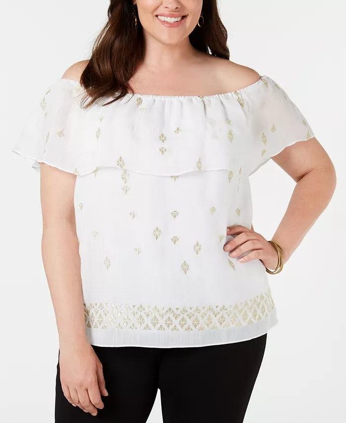 JM Women's Collection Plus Size Embroidered Off-The-Shoulder Top White Size 3X
