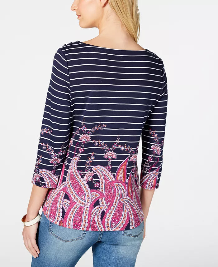 Charter Club Women's Striped Paisley-Print Top Blue Size Extra Small