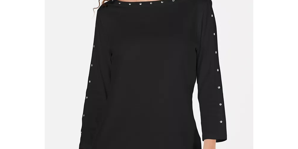 Karen Scott Women's Studded Boat Neck Cotton Top Black Size Petite Small