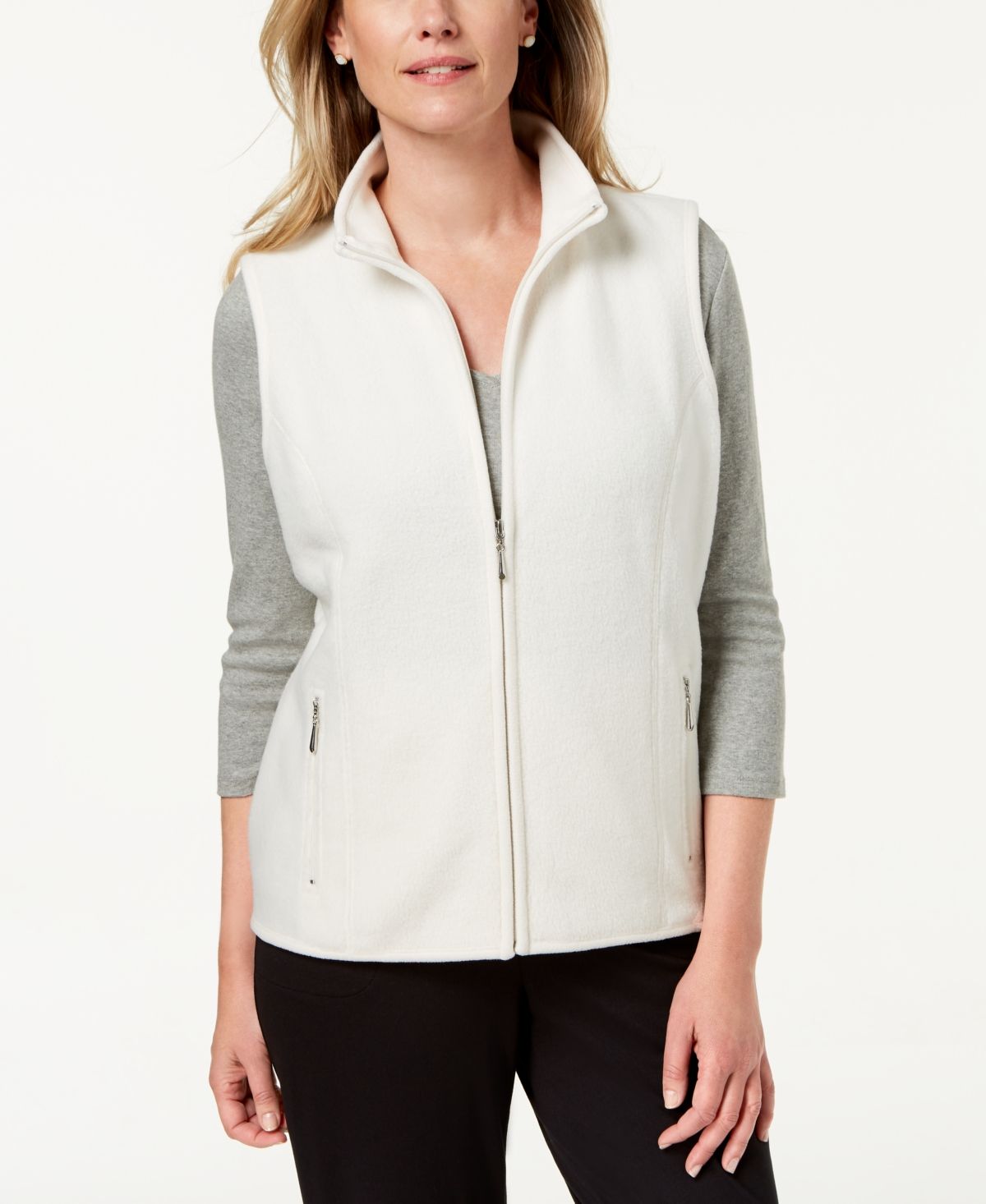 Karen Scott Women's Petite Fleece Zip-Front Vest White Size Petite
