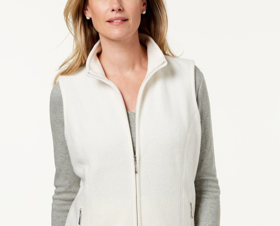 Karen Scott Women's Petite Fleece Zip-Front Vest White Size Petite