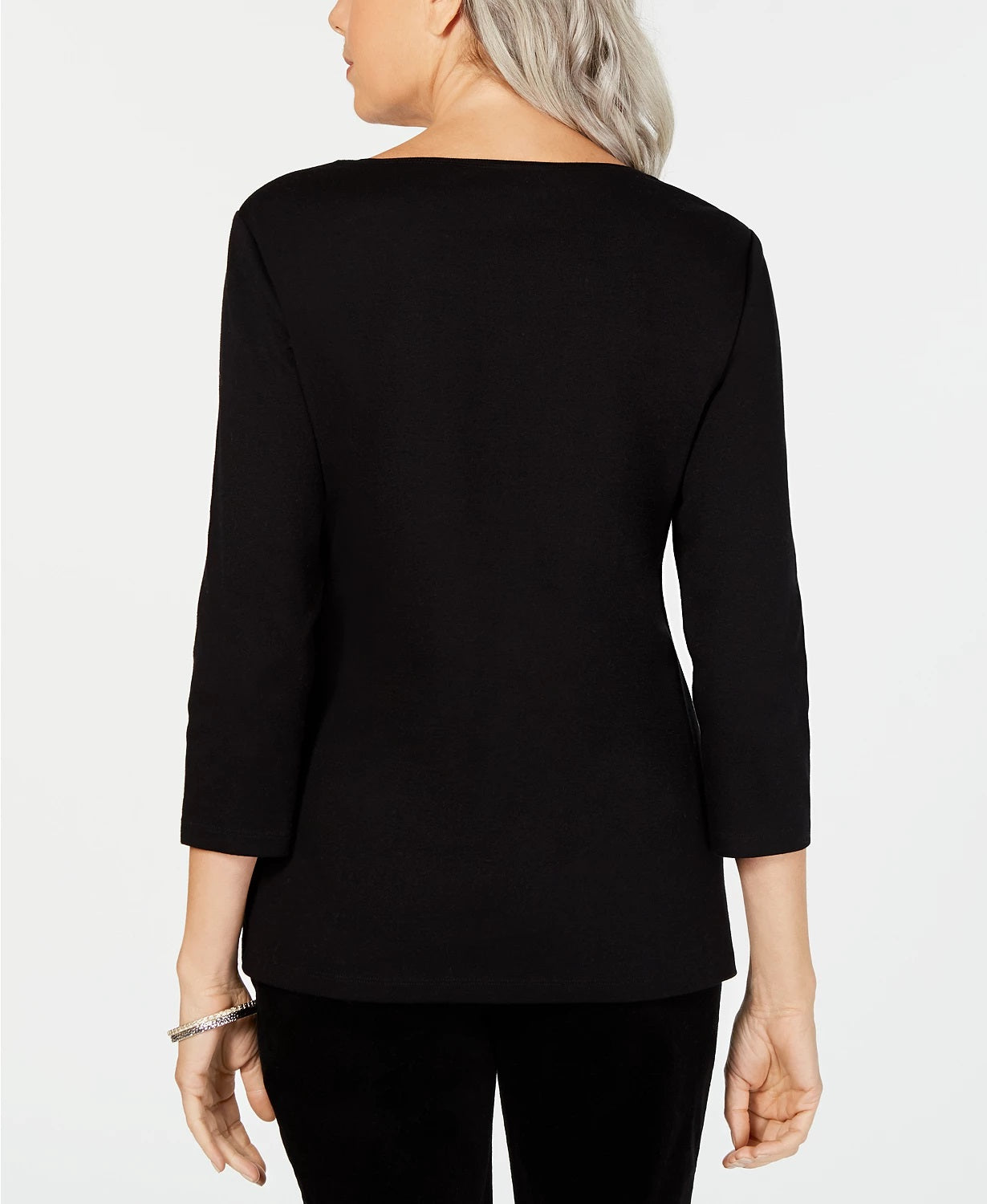 Karen Scott Women's 3/4 Sleeve Embellished Cotton Top Black Size Small