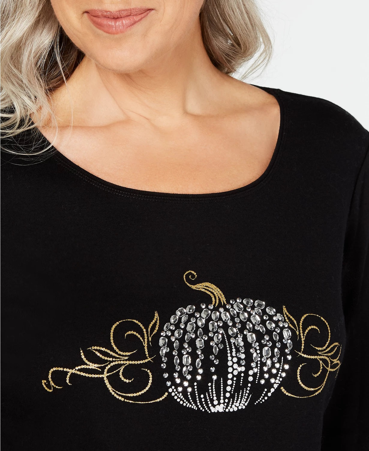 Karen Scott Women's 3/4 Sleeve Embellished Cotton Top Black Size Small