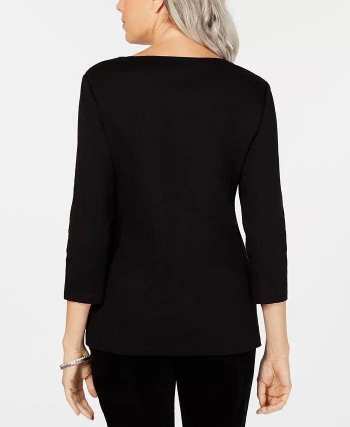 Karen Scott Women's 3/4-Sleeve Embellished Cotton Top Black Size Extra Small