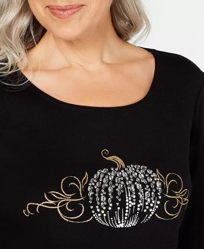 Karen Scott Women's 3/4-Sleeve Embellished Cotton Top Black Size Extra Small