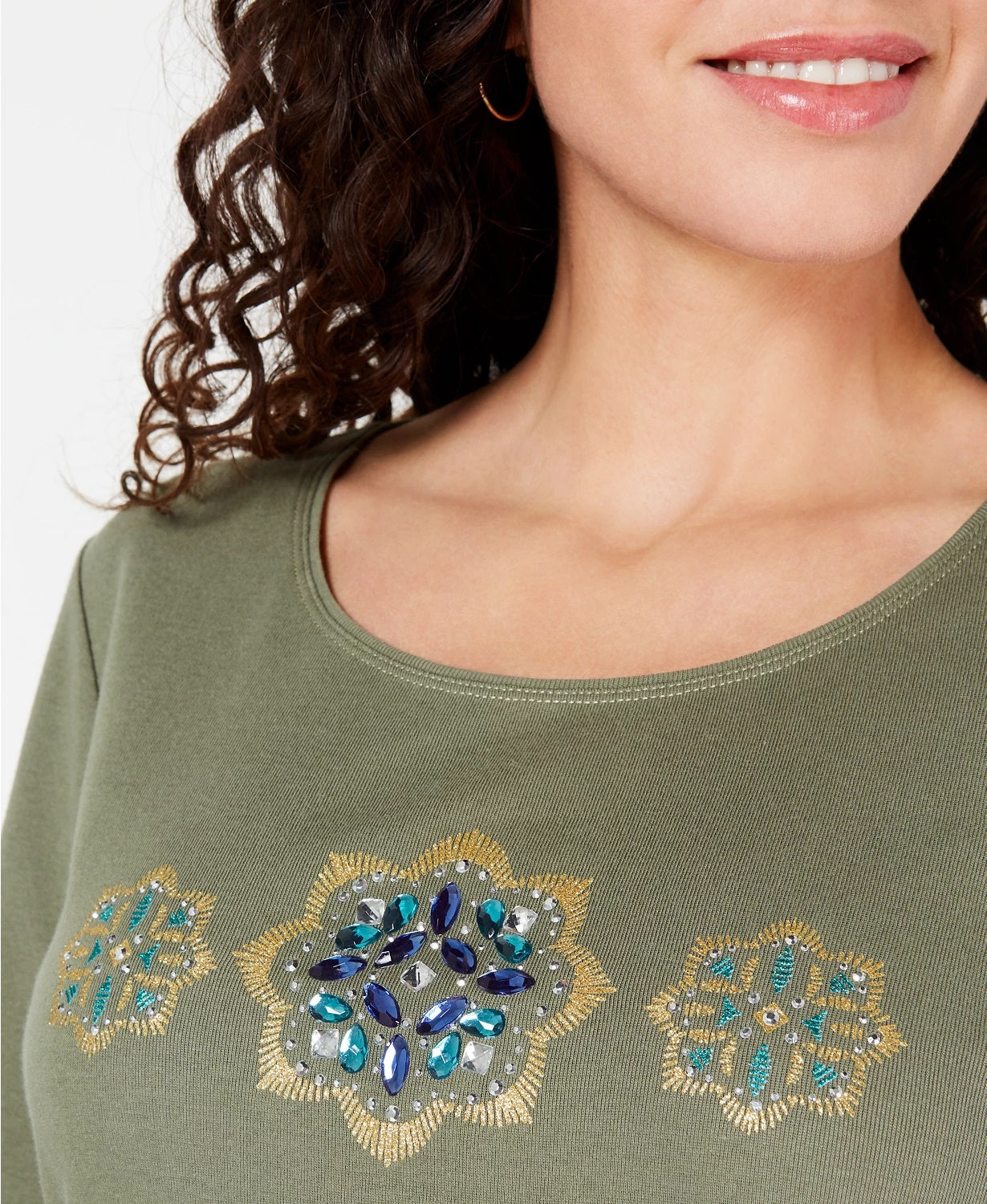 Karen Scott Women's Cotton Glitter Floral-Graphic Top Green Size Small