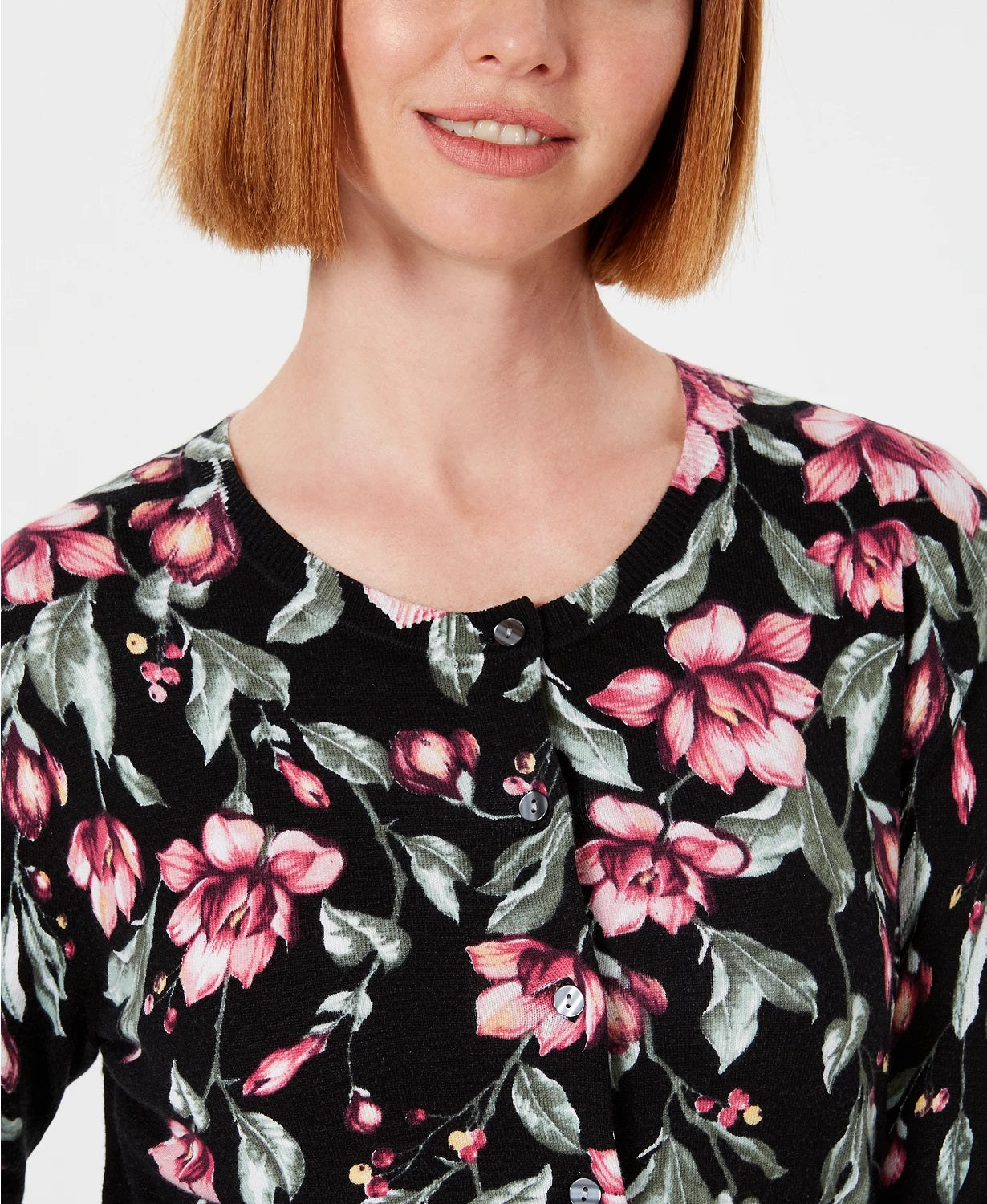 Karen Scott Women's Floral Print Cardigan Black Size Small
