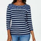 Karen Scott Women's Sport Floral-Yoke Striped Top Navy Size Medium
