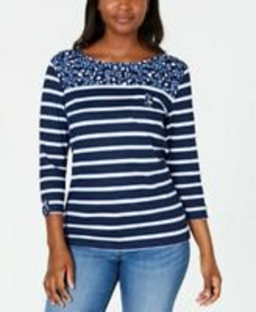 Karen Scott Women's Sport Floral-Yoke Striped Top Navy Size Medium