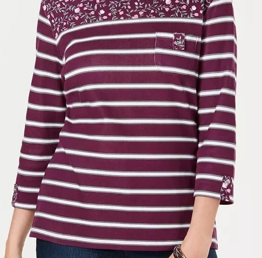 Karen Scott Women's Ditsy Floral & Striped Pocket Top  Red Size Petite Small
