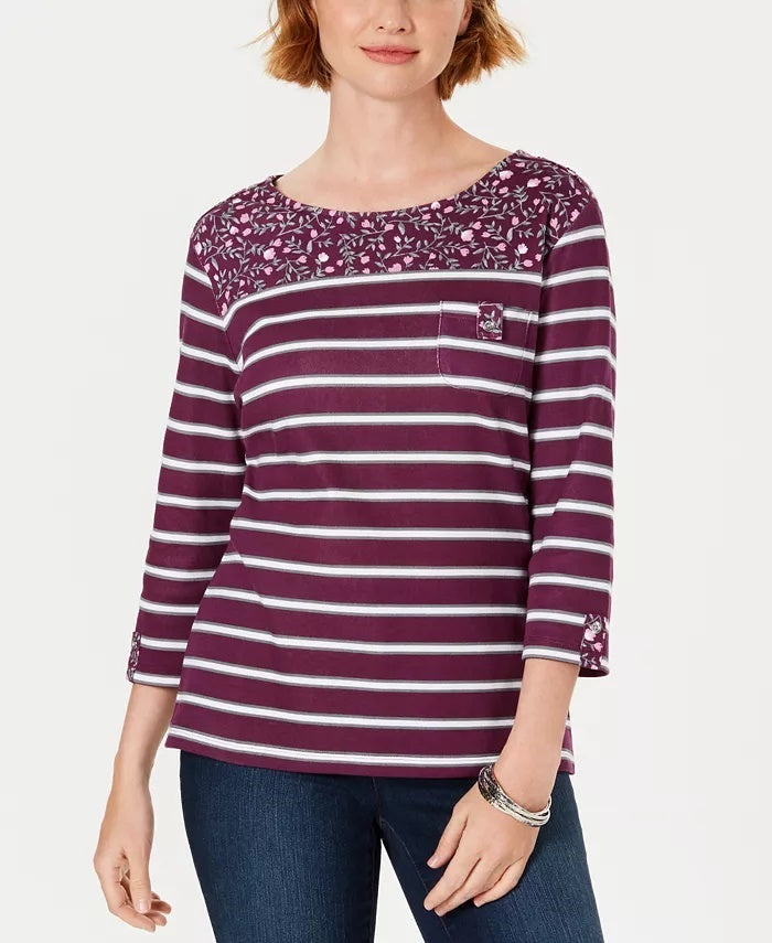 Karen Scott Women's Ditsy Floral & Striped Pocket Top  Red Size Petite Small