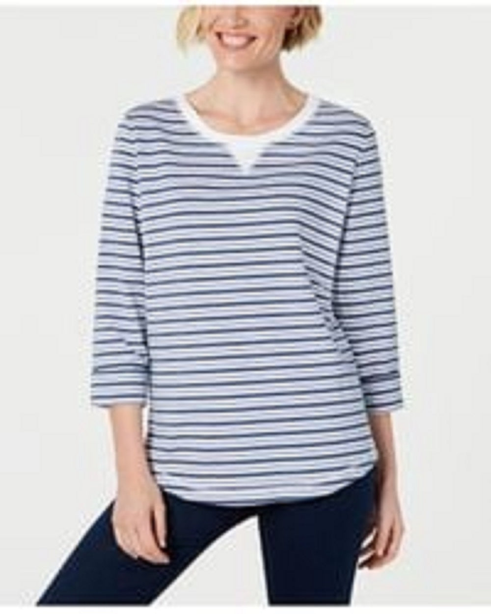 Karen Scott Women's Petite Striped 3/4-Sleeve Sweatshirt Blue Size Medium