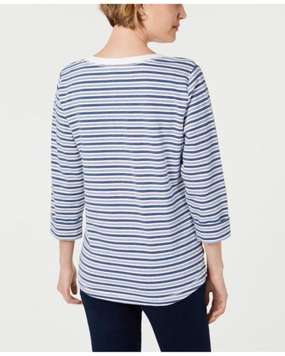 Karen Scott Women's Petite Striped 3/4-Sleeve Sweatshirt Blue Size Medium
