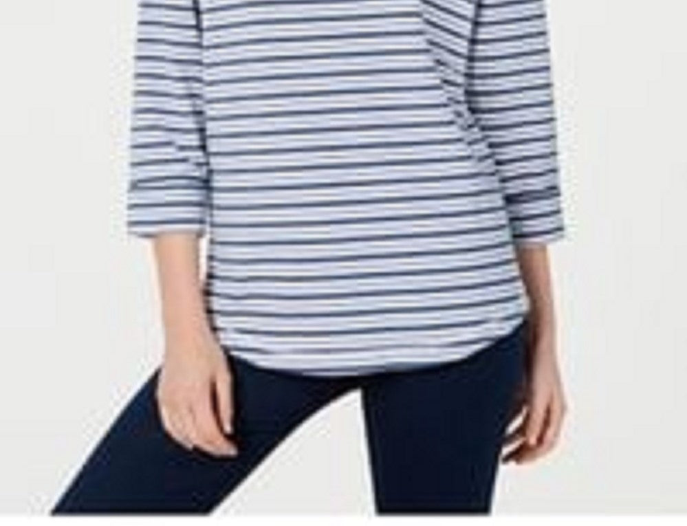 Karen Scott Women's Petite Striped 3/4-Sleeve Sweatshirt Blue Size Medium