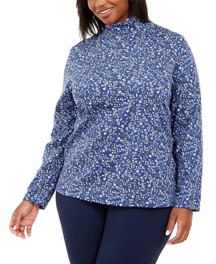 Karen Scott Women's Floral Print Mock Neck Top Navy Size 1X