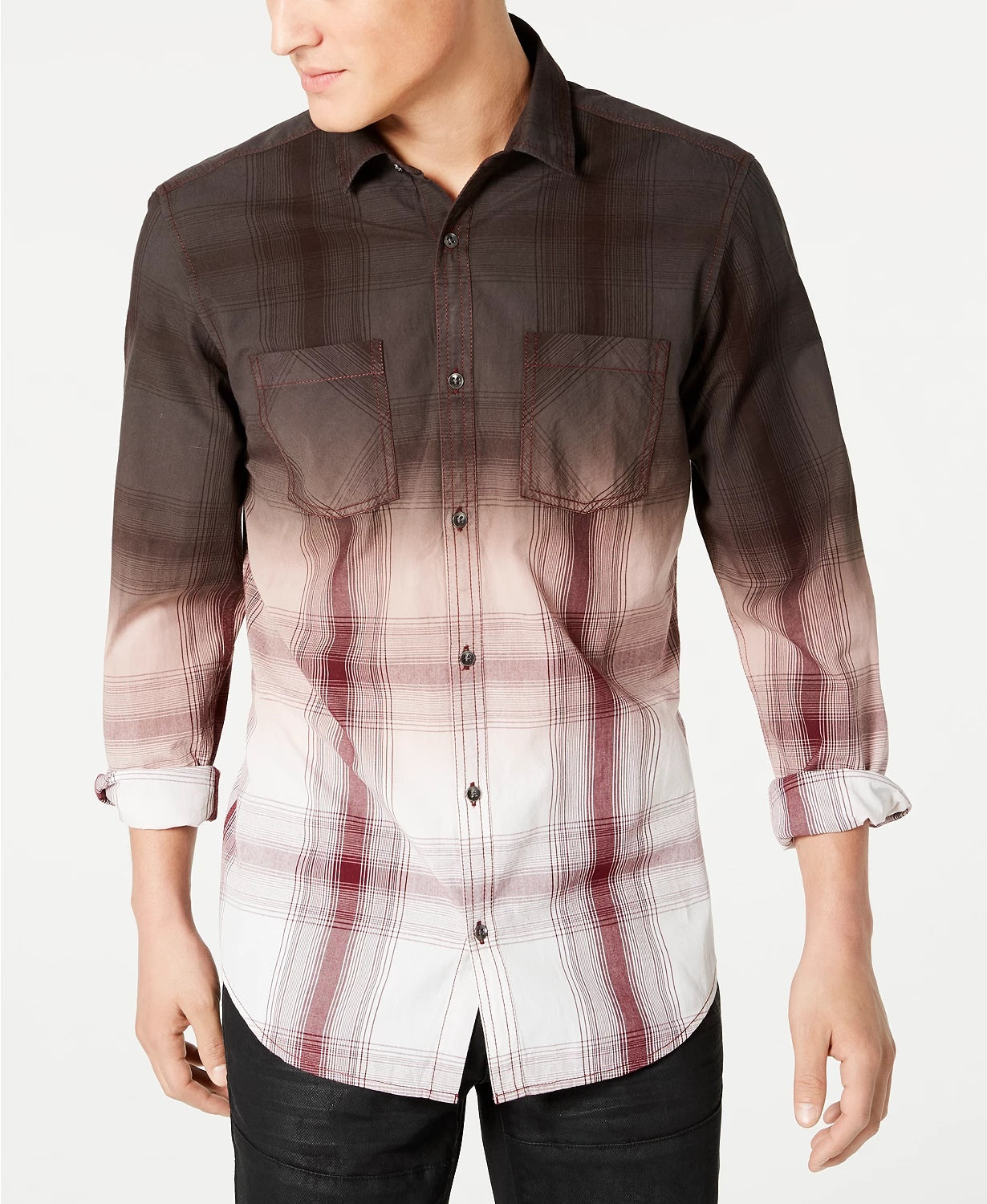 INC International Concepts Men's Regular-Fit Dip-Dyed Plaid Shirt Dark Brown Size Large