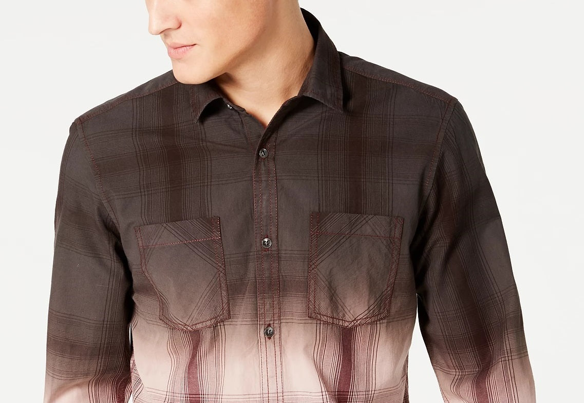 INC International Concepts Men's Regular-Fit Dip-Dyed Plaid Shirt Dark Brown Size Large