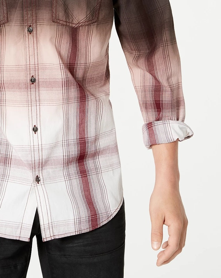 INC International Concepts Men's Regular-Fit Dip-Dyed Plaid Shirt Dark Brown Size Large