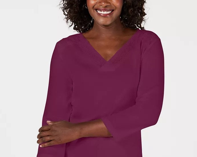 Karen Scott Women's Eyelet-Trim Top Dark Pink Size Medium