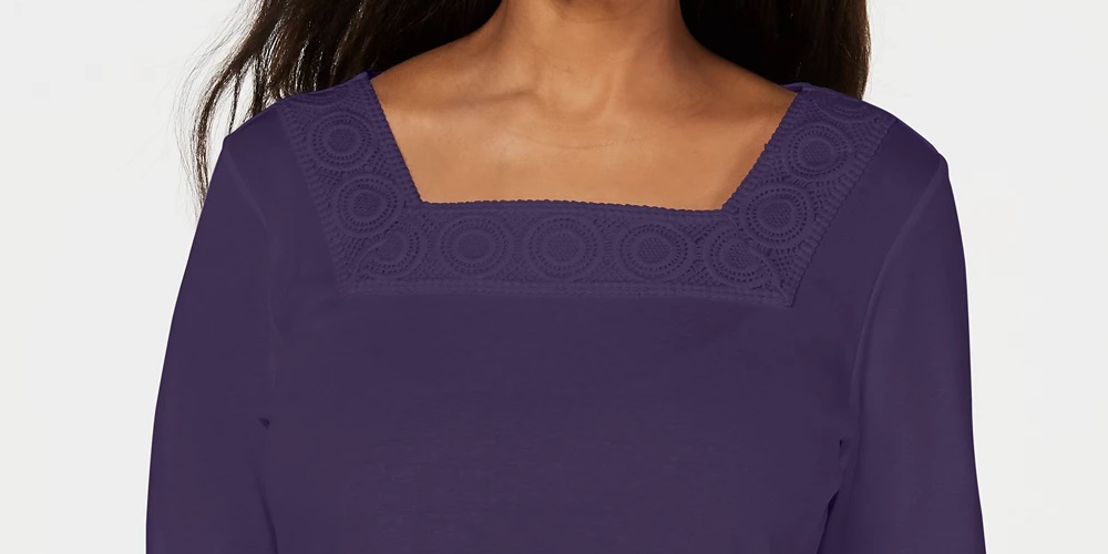 Karen Scott Women's Crochet Square-Neck Top Dark Blue Size Small