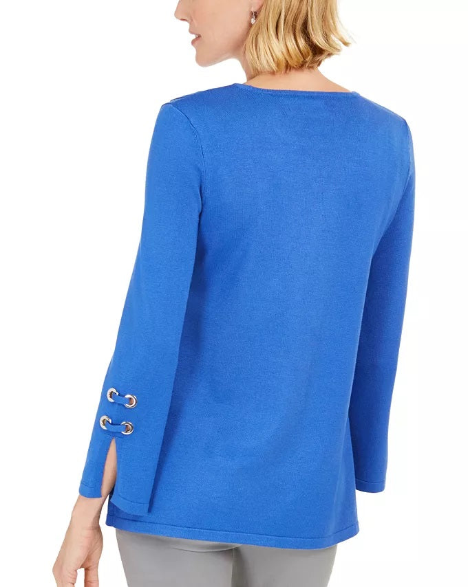 JM Collection Women's Embellished Scoop Neck Top Blue Size Large