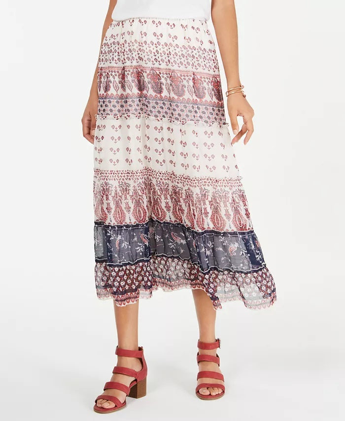 Style & Co Women's Tiered Mixed-Print Midi Skirt Red Size X-Large
