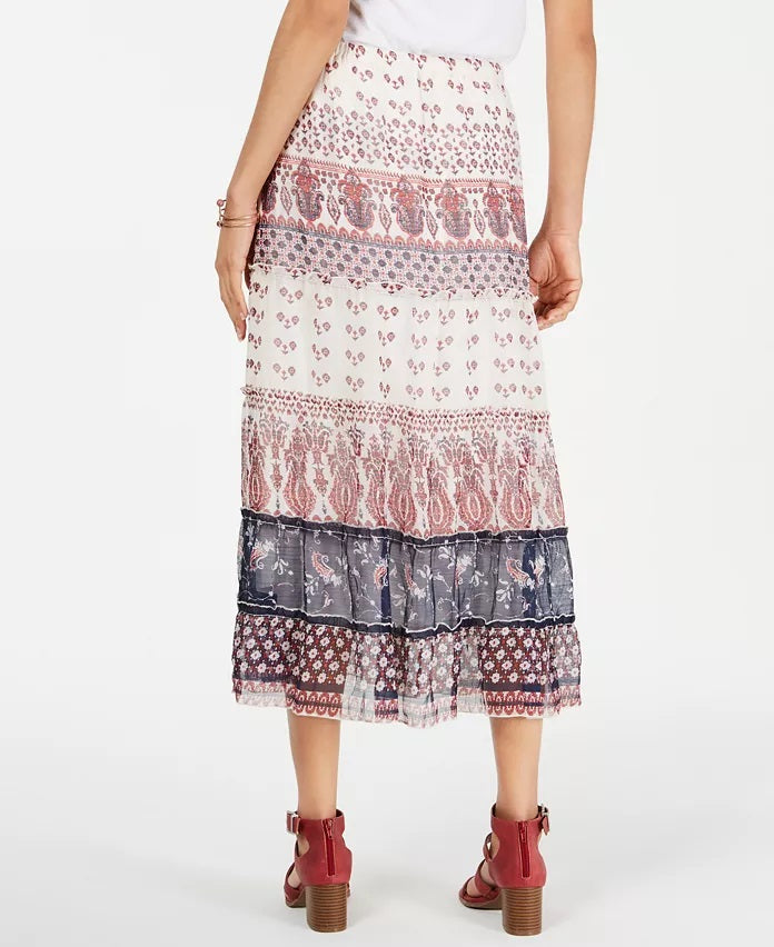 Style & Co Women's Tiered Mixed-Print Midi Skirt Red Size X-Large